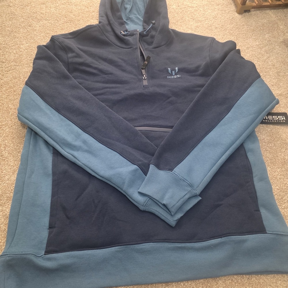 Messi Collection Men Navy Blue Pullover Hoodie Soccer Front Zip Pouch Futbol L